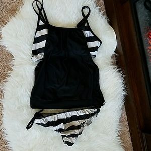 Stripe Black Spaghetti Strap Tankini swimwear